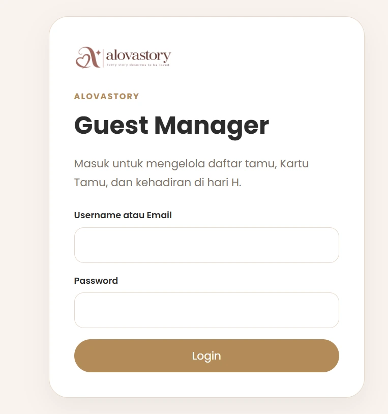 Halaman login Guest Manager AlovaStory