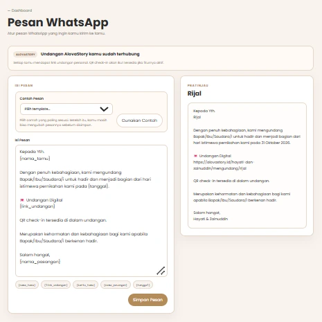 Pengaturan pesan WhatsApp pada Guest Manager